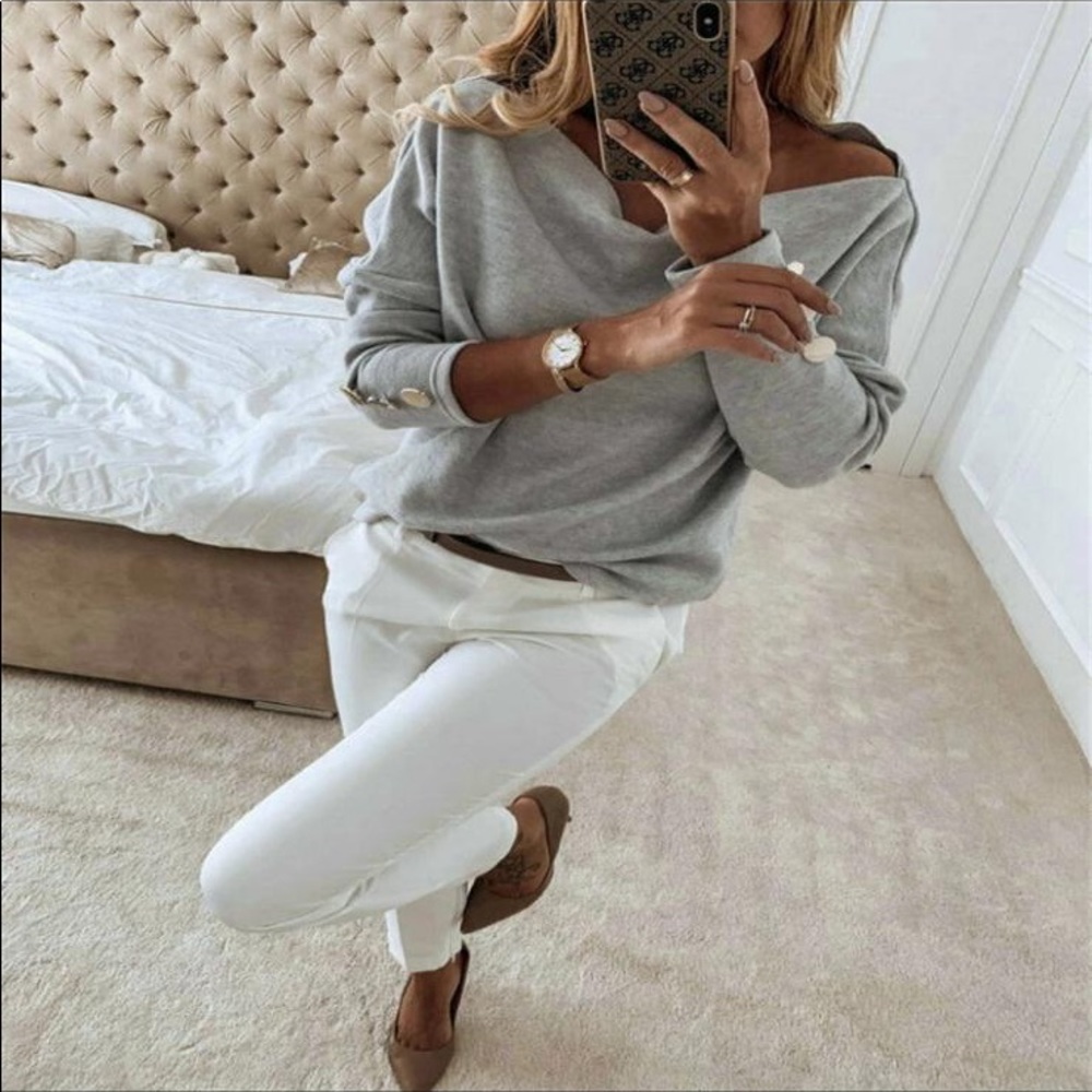 Light Grey Off the Shoulder Sweater